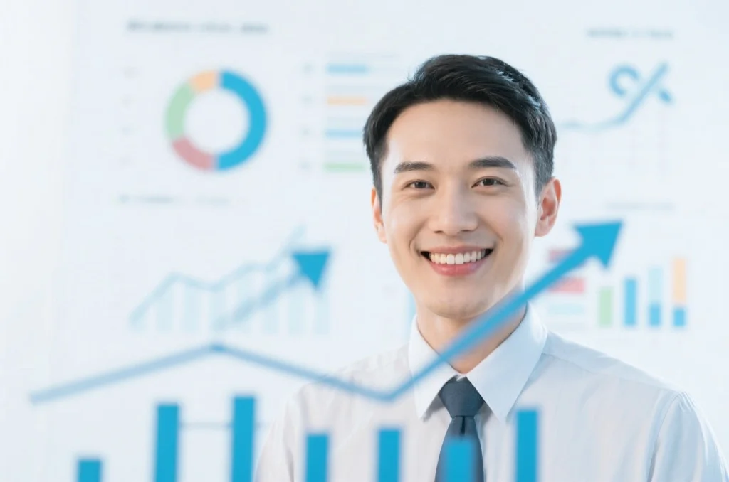 一位自信的商务人士站在清晰的数据图表前