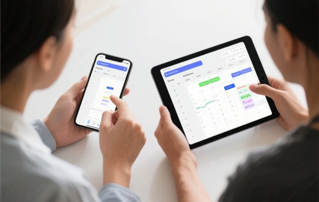 两个人在不同设备（手机与平板）上同步查看和编辑同一个计划软件日程界面，展现协作氛围
